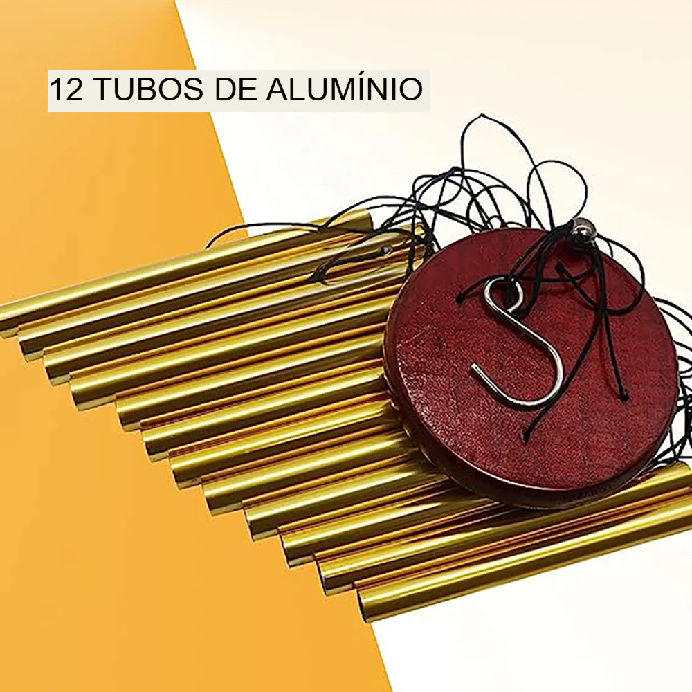 Sino de Vento 12 Tubos em Liga de Alumínio – Sinos Dourados/Prateados - para Decoração Externa, Casamentos e Memoriais