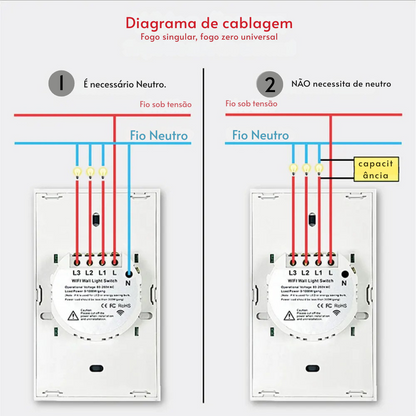 Interruptor de Parede Inteligente Alexa WiFi + RF433 Sem Fio – Controle por Voz, Compatível com Alexa e Google Home