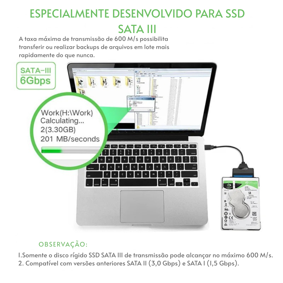 Cabo SATA para USB 3.0/2.0  | Até 6 Gbps | Compatível com HDD e SSD 2,5"