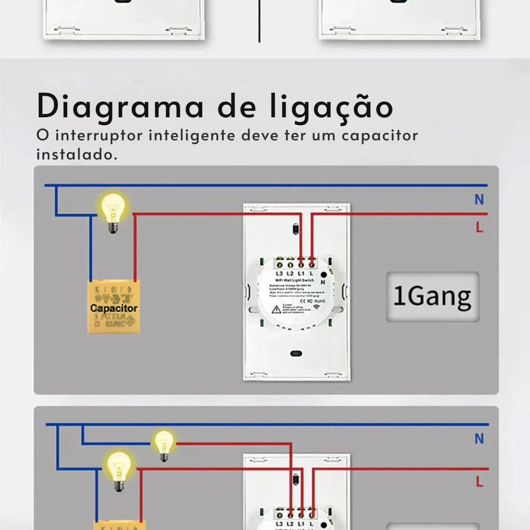 Interruptor de Parede Inteligente Alexa WiFi + RF433 Sem Fio – Controle por Voz, Compatível com Alexa e Google Home