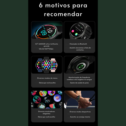 Smartwatch  com Tela AMOLED 1.43", Bluetooth e Monitoramento de Saúde – Compatível com Xiaomi, Huawei, Android e iOS
