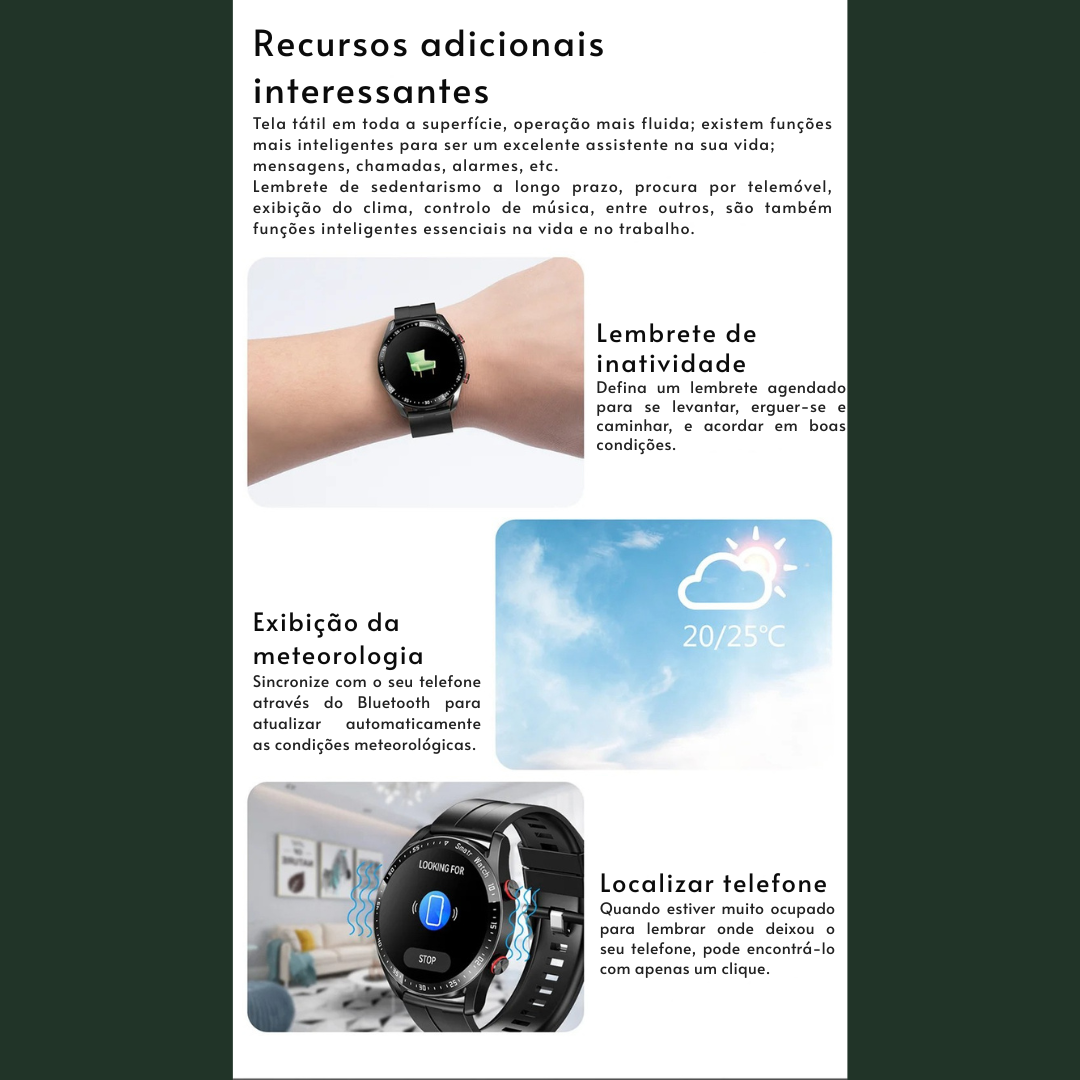 Smartwatch Masculino com ECG + PPG, Chamadas via Bluetooth e Monitoramento de Saúde – ChiBear