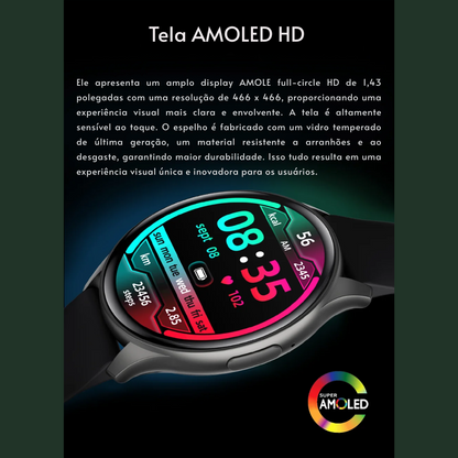 Smartwatch  com Tela AMOLED 1.43", Bluetooth e Monitoramento de Saúde – Compatível com Xiaomi, Huawei, Android e iOS