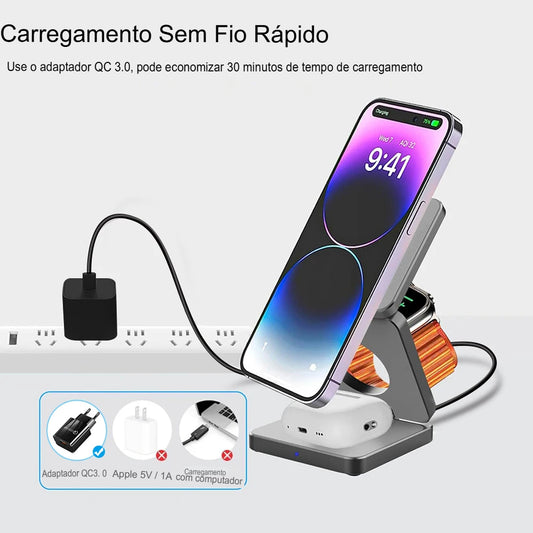 Estação de Carregamento Sem Fio 3 em 1 Dobrável Magnética para iPhone 15/14/13/12 Pro Max, Apple Watch 8/9 e Fones de Ouvido