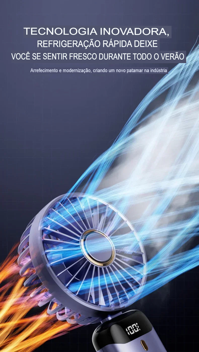 Ventilador Portátil USB Dobrável com Suporte para Celular e Display LED – 5 Velocidades, Recarregável e Multiuso