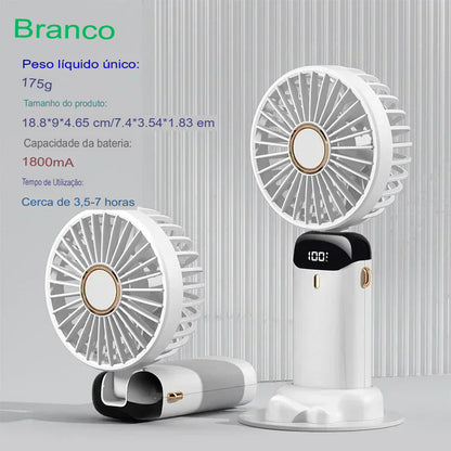 Ventilador Portátil USB Dobrável com Suporte para Celular e Display LED – 5 Velocidades, Recarregável e Multiuso