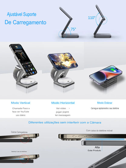 Estação de Carregamento Sem Fio 3 em 1 Dobrável Magnética para iPhone 15/14/13/12 Pro Max, Apple Watch 8/9 e Fones de Ouvido