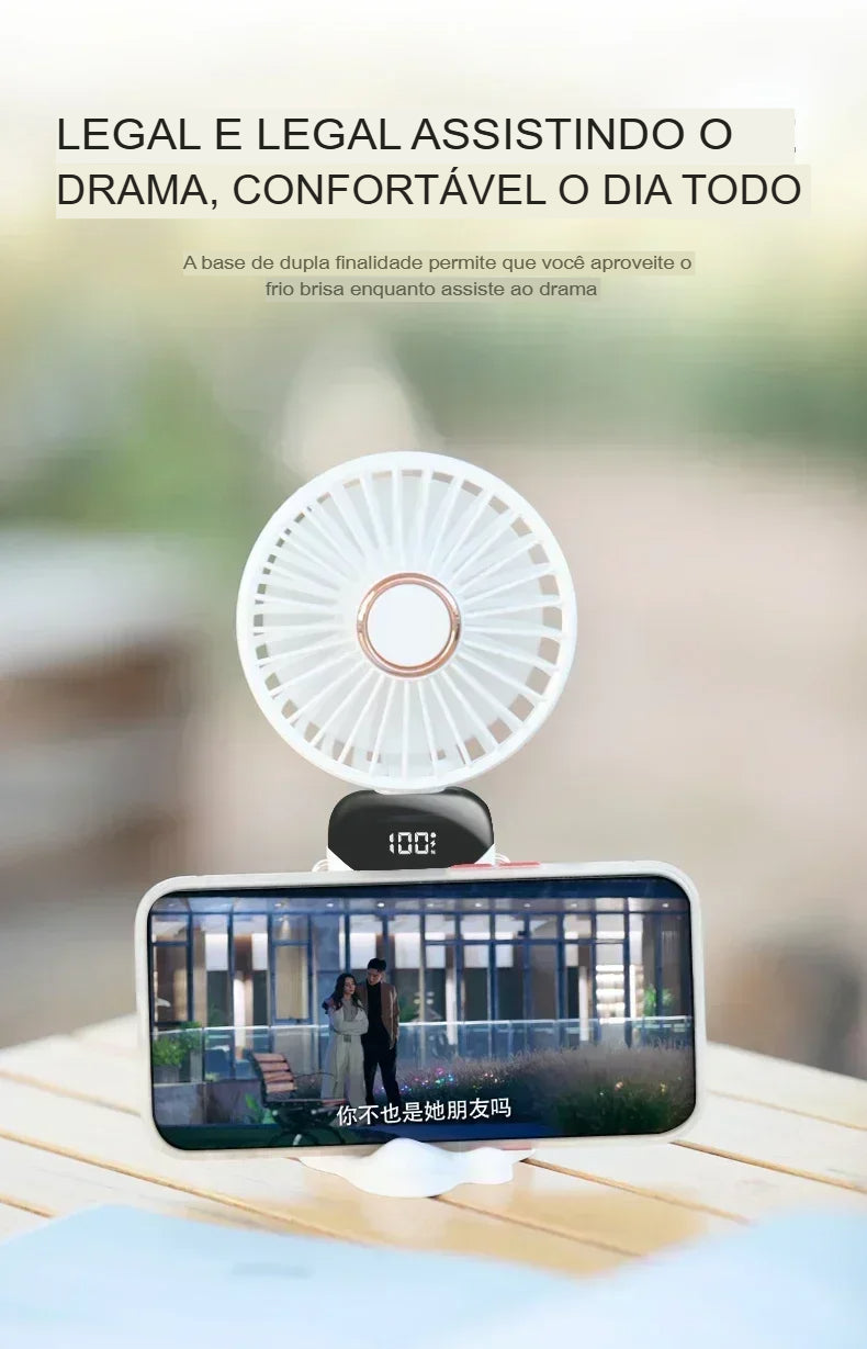 Ventilador Portátil USB Dobrável com Suporte para Celular e Display LED – 5 Velocidades, Recarregável e Multiuso
