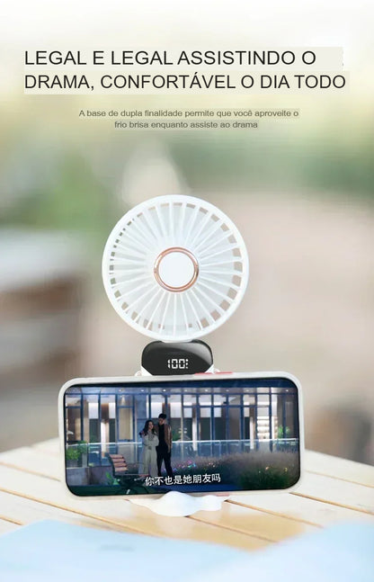 Ventilador Portátil USB Dobrável com Suporte para Celular e Display LED – 5 Velocidades, Recarregável e Multiuso