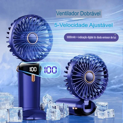 Ventilador Portátil USB Dobrável com Suporte para Celular e Display LED – 5 Velocidades, Recarregável e Multiuso
