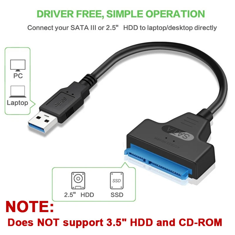 Cabo SATA para USB 3.0/2.0  | Até 6 Gbps | Compatível com HDD e SSD 2,5"