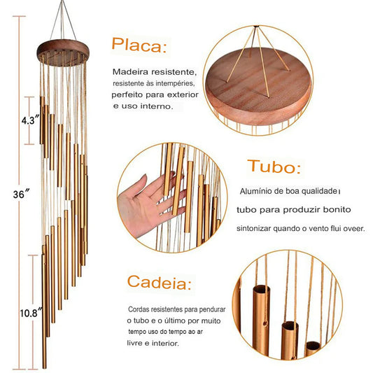 Sino de Vento 12 Tubos em Liga de Alumínio – Sinos Dourados/Prateados - para Decoração Externa, Casamentos e Memoriais