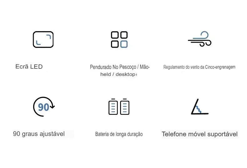 Ventilador Portátil USB Dobrável com Suporte para Celular e Display LED – 5 Velocidades, Recarregável e Multiuso