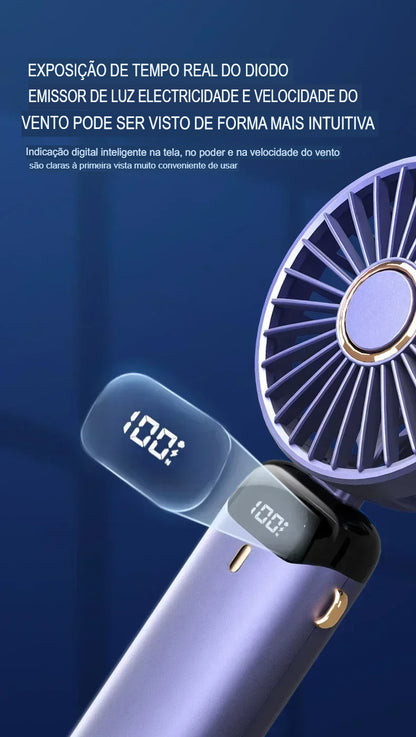 Ventilador Portátil USB Dobrável com Suporte para Celular e Display LED – 5 Velocidades, Recarregável e Multiuso