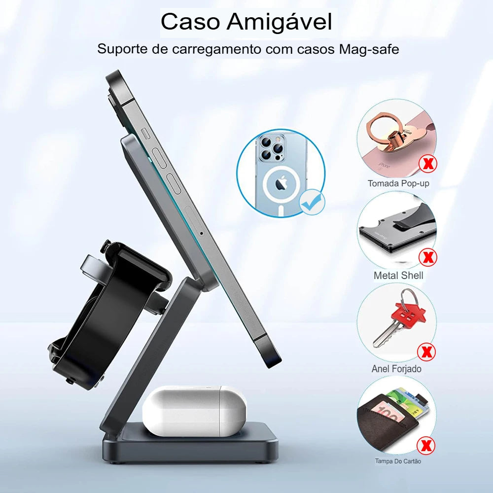 Estação de Carregamento Sem Fio 3 em 1 Dobrável Magnética para iPhone 15/14/13/12 Pro Max, Apple Watch 8/9 e Fones de Ouvido