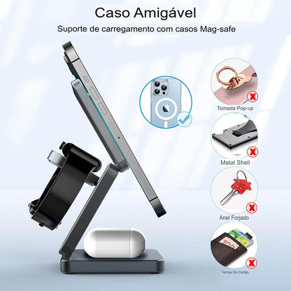 Estação de Carregamento Sem Fio 3 em 1 Dobrável Magnética para iPhone 15/14/13/12 Pro Max, Apple Watch 8/9 e Fones de Ouvido