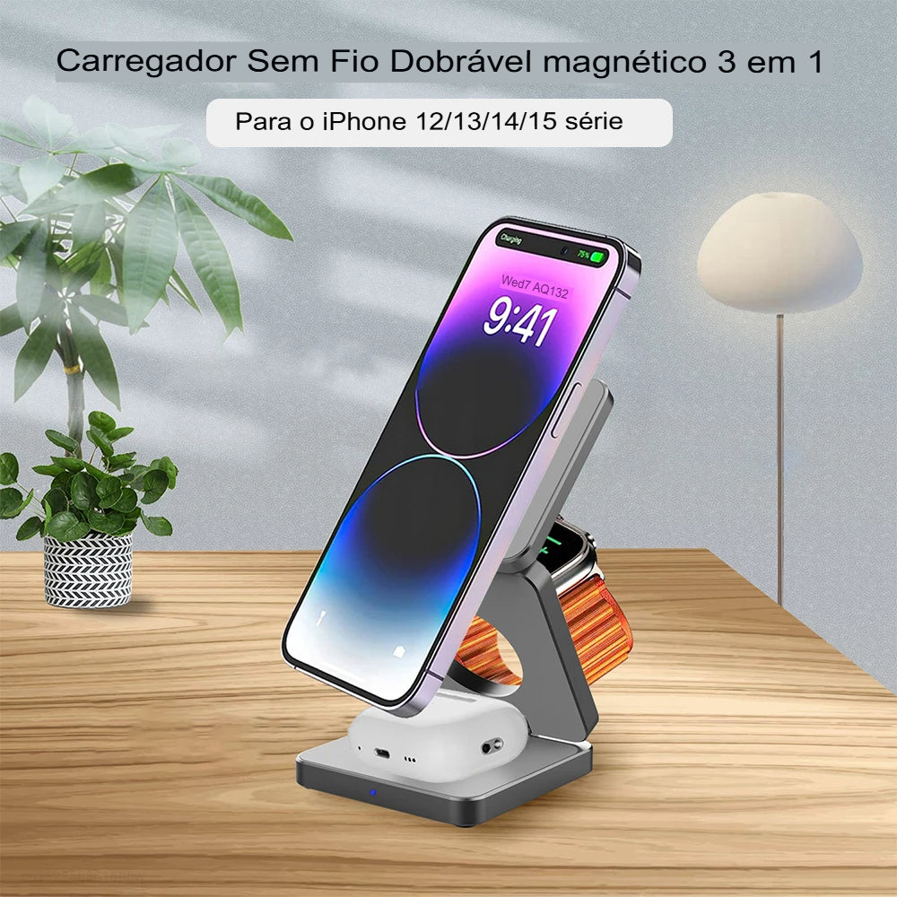 Estação de Carregamento Sem Fio 3 em 1 Dobrável Magnética para iPhone 15/14/13/12 Pro Max, Apple Watch 8/9 e Fones de Ouvido