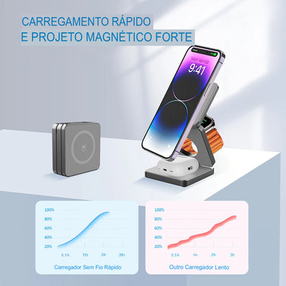 Estação de Carregamento Sem Fio 3 em 1 Dobrável Magnética para iPhone 15/14/13/12 Pro Max, Apple Watch 8/9 e Fones de Ouvido