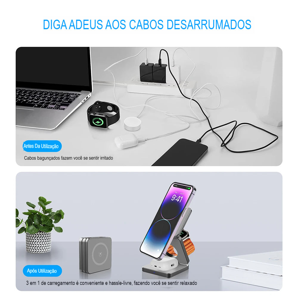 Estação de Carregamento Sem Fio 3 em 1 Dobrável Magnética para iPhone 15/14/13/12 Pro Max, Apple Watch 8/9 e Fones de Ouvido