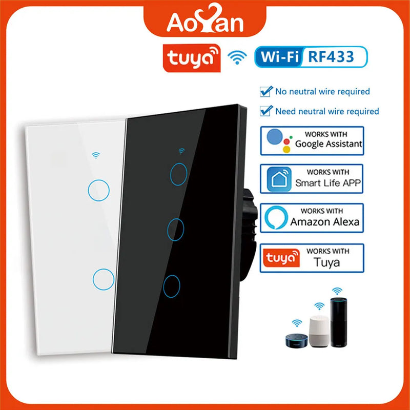 Interruptor de Parede Inteligente Alexa WiFi + RF433 Sem Fio – Controle por Voz, Compatível com Alexa e Google Home