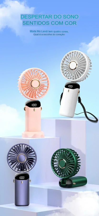 Ventilador Portátil USB Dobrável com Suporte para Celular e Display LED – 5 Velocidades, Recarregável e Multiuso
