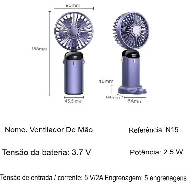 Ventilador Portátil USB Dobrável com Suporte para Celular e Display LED – 5 Velocidades, Recarregável e Multiuso