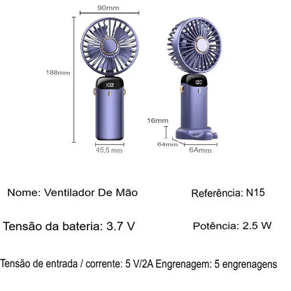 Ventilador Portátil USB Dobrável com Suporte para Celular e Display LED – 5 Velocidades, Recarregável e Multiuso