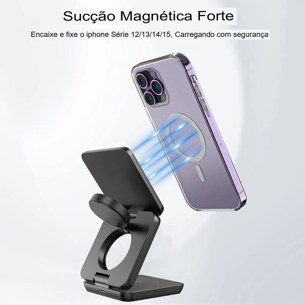 Estação de Carregamento Sem Fio 3 em 1 Dobrável Magnética para iPhone 15/14/13/12 Pro Max, Apple Watch 8/9 e Fones de Ouvido