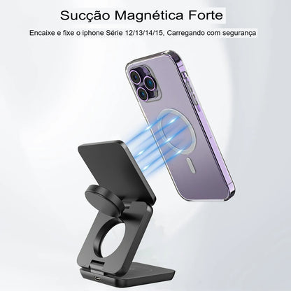 Estação de Carregamento Sem Fio 3 em 1 Dobrável Magnética para iPhone 15/14/13/12 Pro Max, Apple Watch 8/9 e Fones de Ouvido
