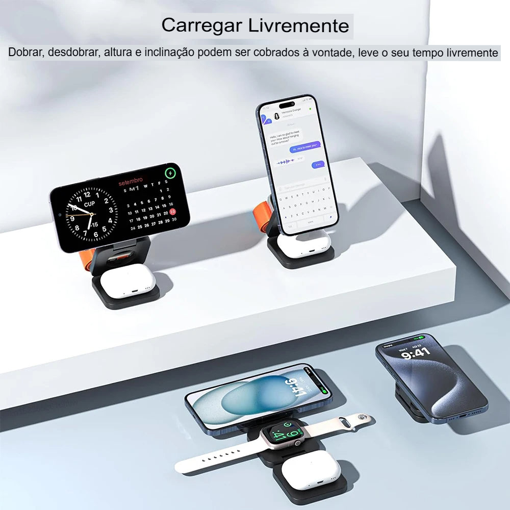 Estação de Carregamento Sem Fio 3 em 1 Dobrável Magnética para iPhone 15/14/13/12 Pro Max, Apple Watch 8/9 e Fones de Ouvido