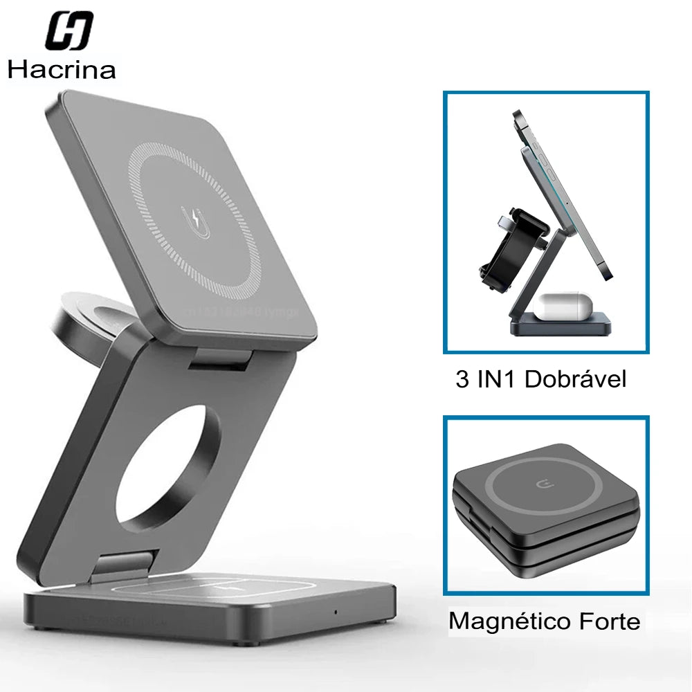 Estação de Carregamento Sem Fio 3 em 1 Dobrável Magnética para iPhone 15/14/13/12 Pro Max, Apple Watch 8/9 e Fones de Ouvido