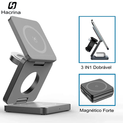Estação de Carregamento Sem Fio 3 em 1 Dobrável Magnética para iPhone 15/14/13/12 Pro Max, Apple Watch 8/9 e Fones de Ouvido