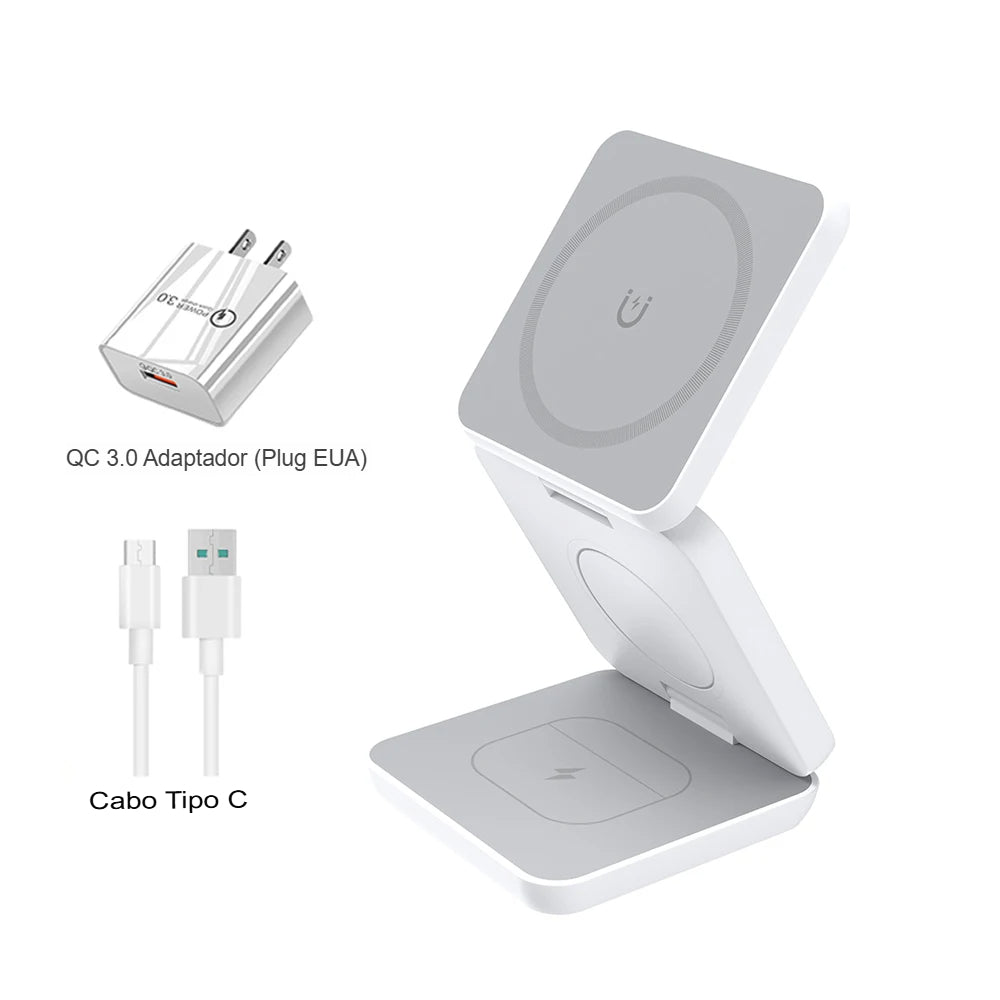 Estação de Carregamento Sem Fio 3 em 1 Dobrável Magnética para iPhone 15/14/13/12 Pro Max, Apple Watch 8/9 e Fones de Ouvido