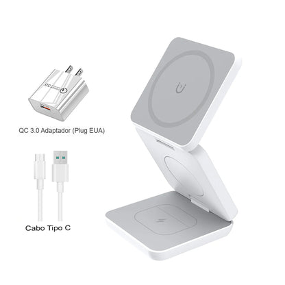 Estação de Carregamento Sem Fio 3 em 1 Dobrável Magnética para iPhone 15/14/13/12 Pro Max, Apple Watch 8/9 e Fones de Ouvido