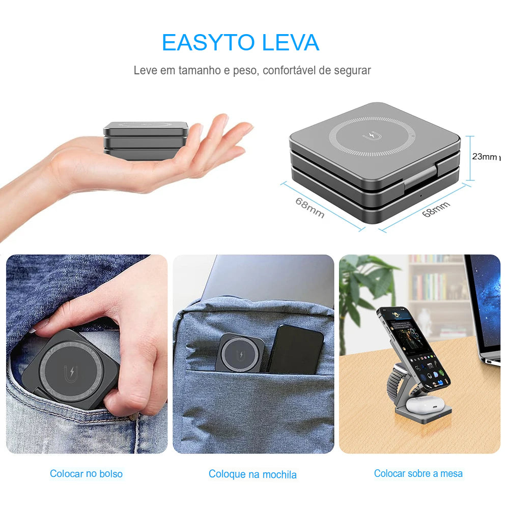 Estação de Carregamento Sem Fio 3 em 1 Dobrável Magnética para iPhone 15/14/13/12 Pro Max, Apple Watch 8/9 e Fones de Ouvido