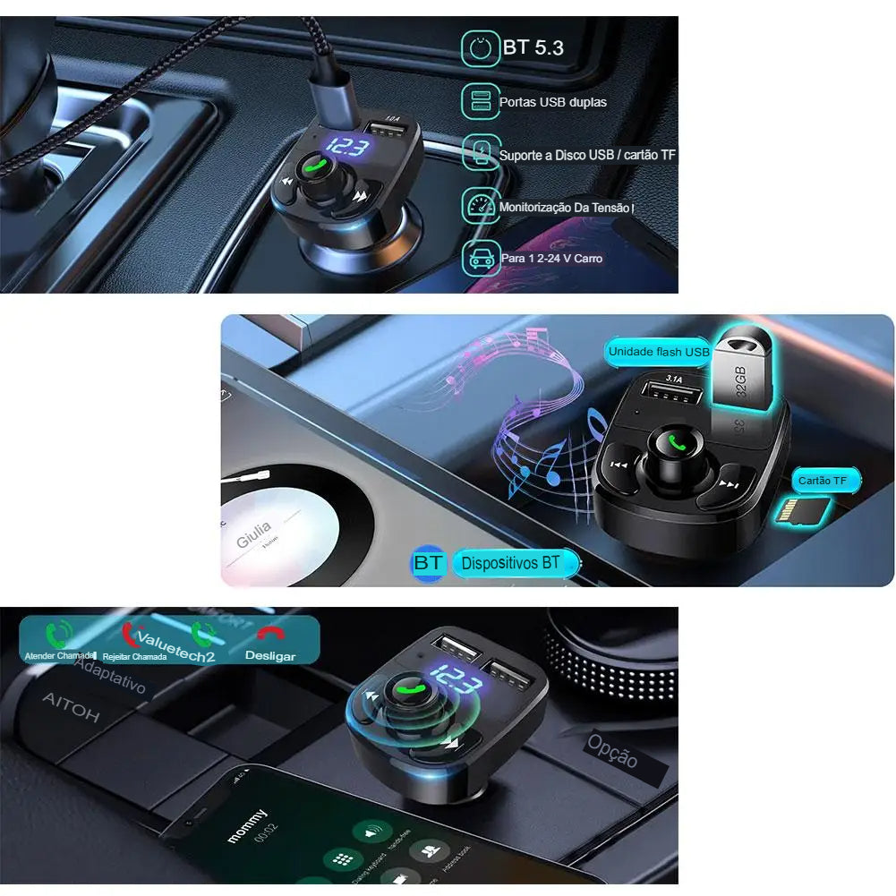 Transmissor FM Bluetooth para Carro – Carregador Automotivo