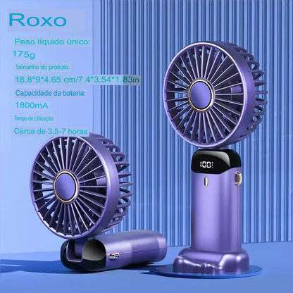 Ventilador Portátil USB Dobrável com Suporte para Celular e Display LED – 5 Velocidades, Recarregável e Multiuso