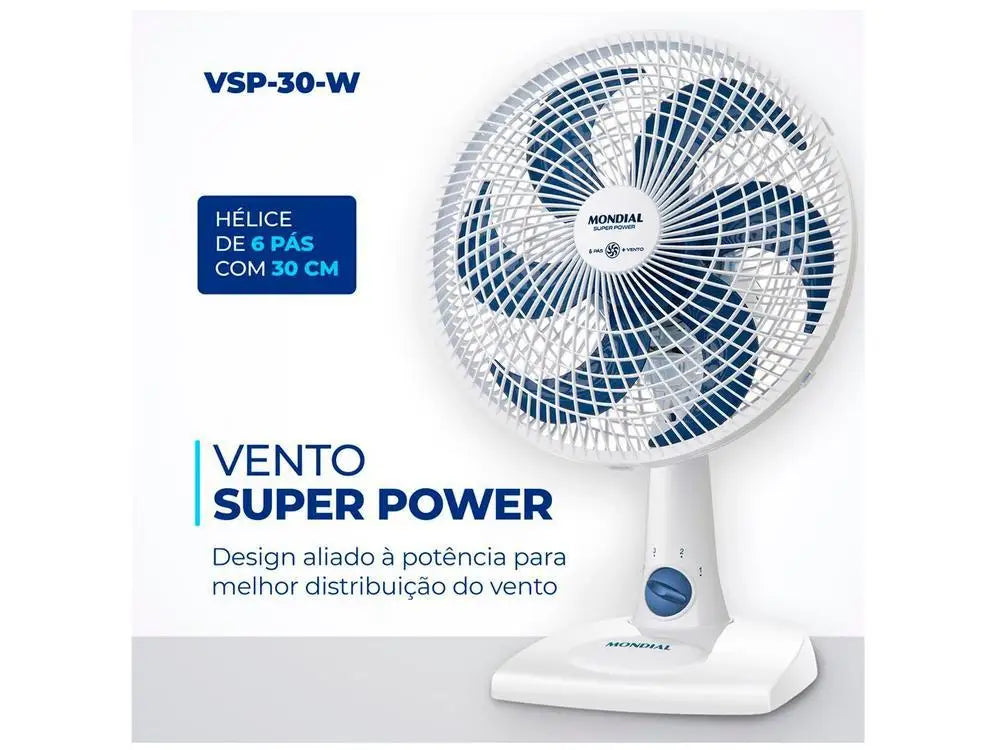Ventilador de Mesa Mondial Super Power VSP-30-W – 3 Velocidades, Silencioso, 220V