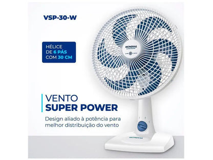 Ventilador de Mesa Mondial Super Power VSP-30-W – 3 Velocidades, Silencioso, 220V