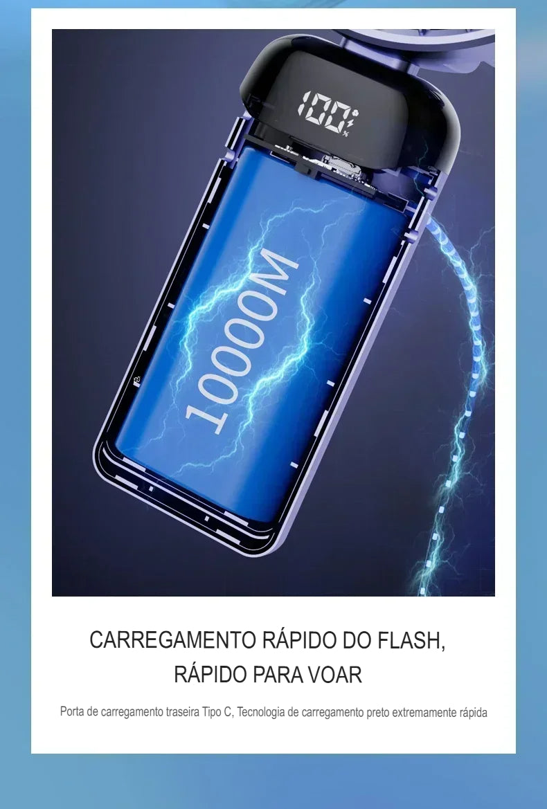 Ventilador Portátil USB Dobrável com Suporte para Celular e Display LED – 5 Velocidades, Recarregável e Multiuso