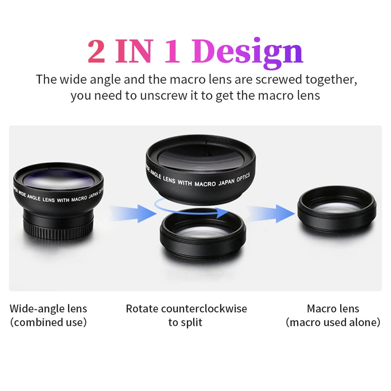 Kit de Lente 2 em 1 Universal 37mm – Super Grande Angular 0.45X 49UV + Macro HD para iPhone e Android