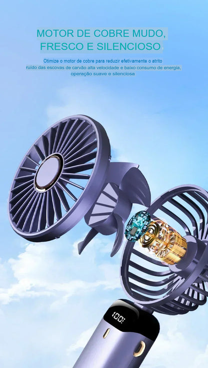 Ventilador Portátil USB Dobrável com Suporte para Celular e Display LED – 5 Velocidades, Recarregável e Multiuso