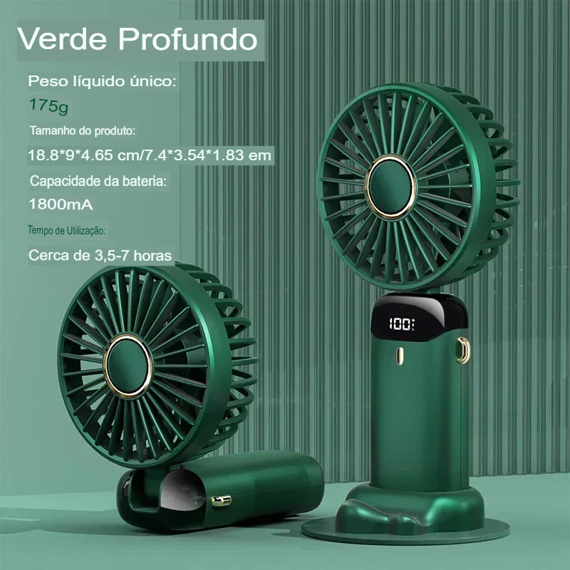 Ventilador Portátil USB Dobrável com Suporte para Celular e Display LED – 5 Velocidades, Recarregável e Multiuso