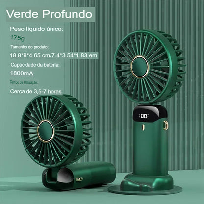 Ventilador Portátil USB Dobrável com Suporte para Celular e Display LED – 5 Velocidades, Recarregável e Multiuso