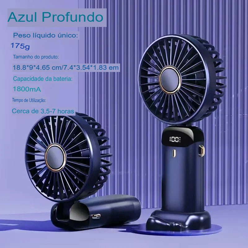Ventilador Portátil USB Dobrável com Suporte para Celular e Display LED – 5 Velocidades, Recarregável e Multiuso