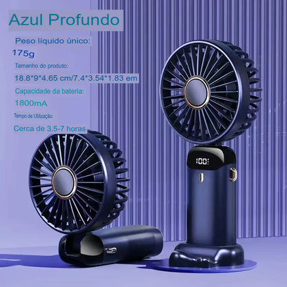 Ventilador Portátil USB Dobrável com Suporte para Celular e Display LED – 5 Velocidades, Recarregável e Multiuso
