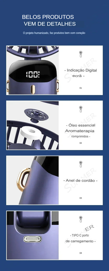 Ventilador Portátil USB Dobrável com Suporte para Celular e Display LED – 5 Velocidades, Recarregável e Multiuso