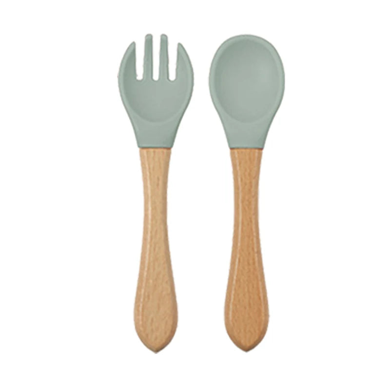 Conjunto de Alimentação Infantil em Silicone com Prato de Sucção, Tigela, Colher e Garfo de Madeira – Antiderrapante e Livre de BPA